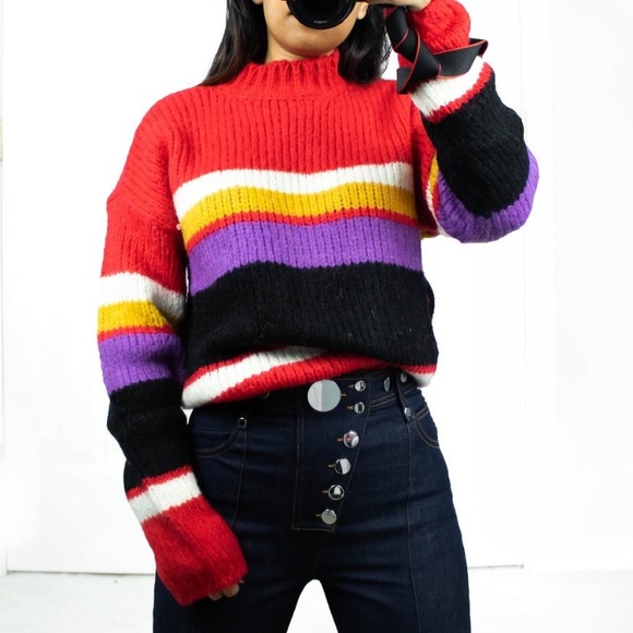 NWT Sanctuary x REVOVLE Party Stripe Sweater Wool Alpaca Soft Red Yellow Purple - Picture 5 of 16